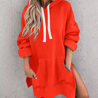 Fashion Trend Ladies Solid Color Loose Casual Pullover Sweatshirt Long Sleeve Split Hem Hoodie Dress with Pocket Chamarras Dama