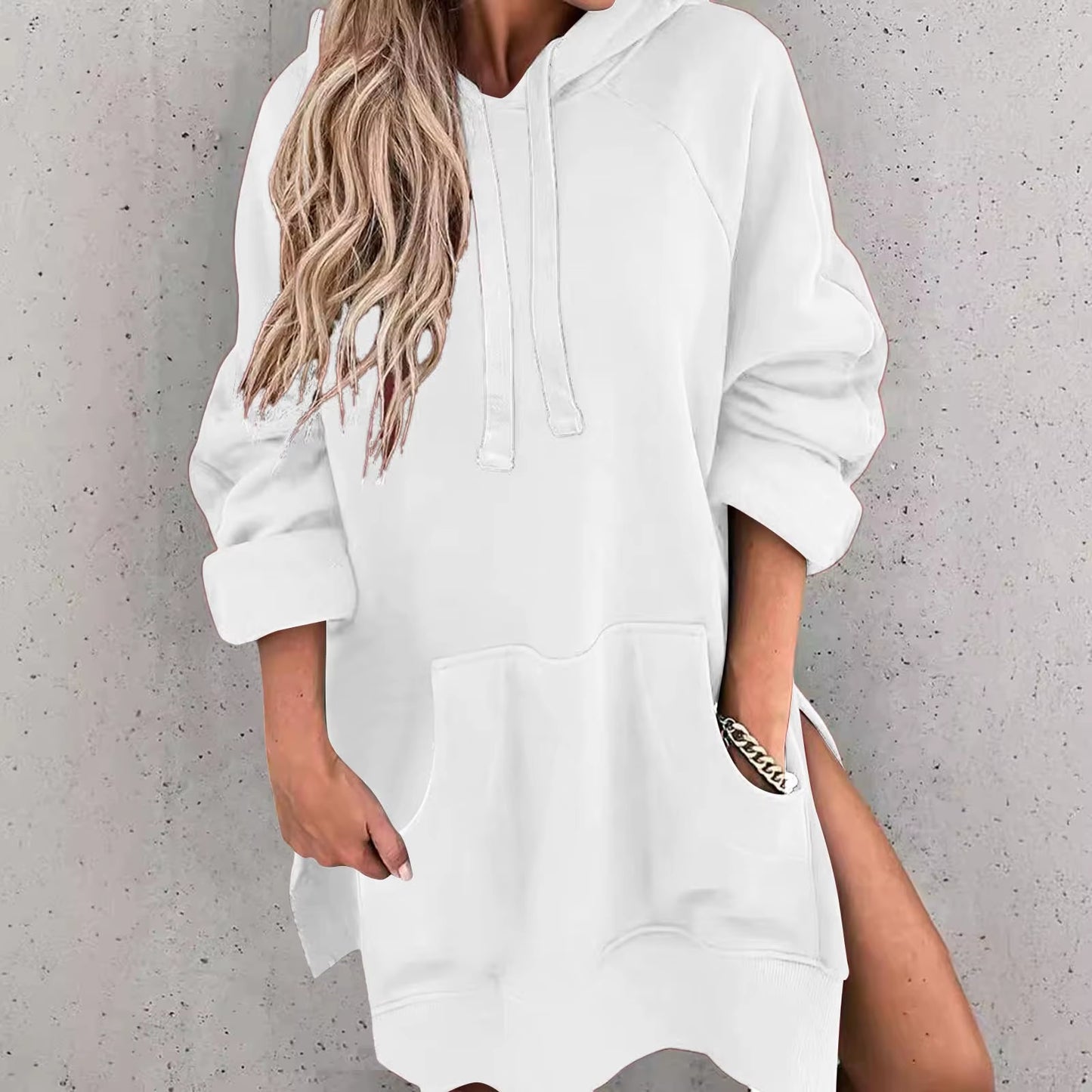 Fashion Trend Ladies Solid Color Loose Casual Pullover Sweatshirt Long Sleeve Split Hem Hoodie Dress with Pocket Chamarras Dama