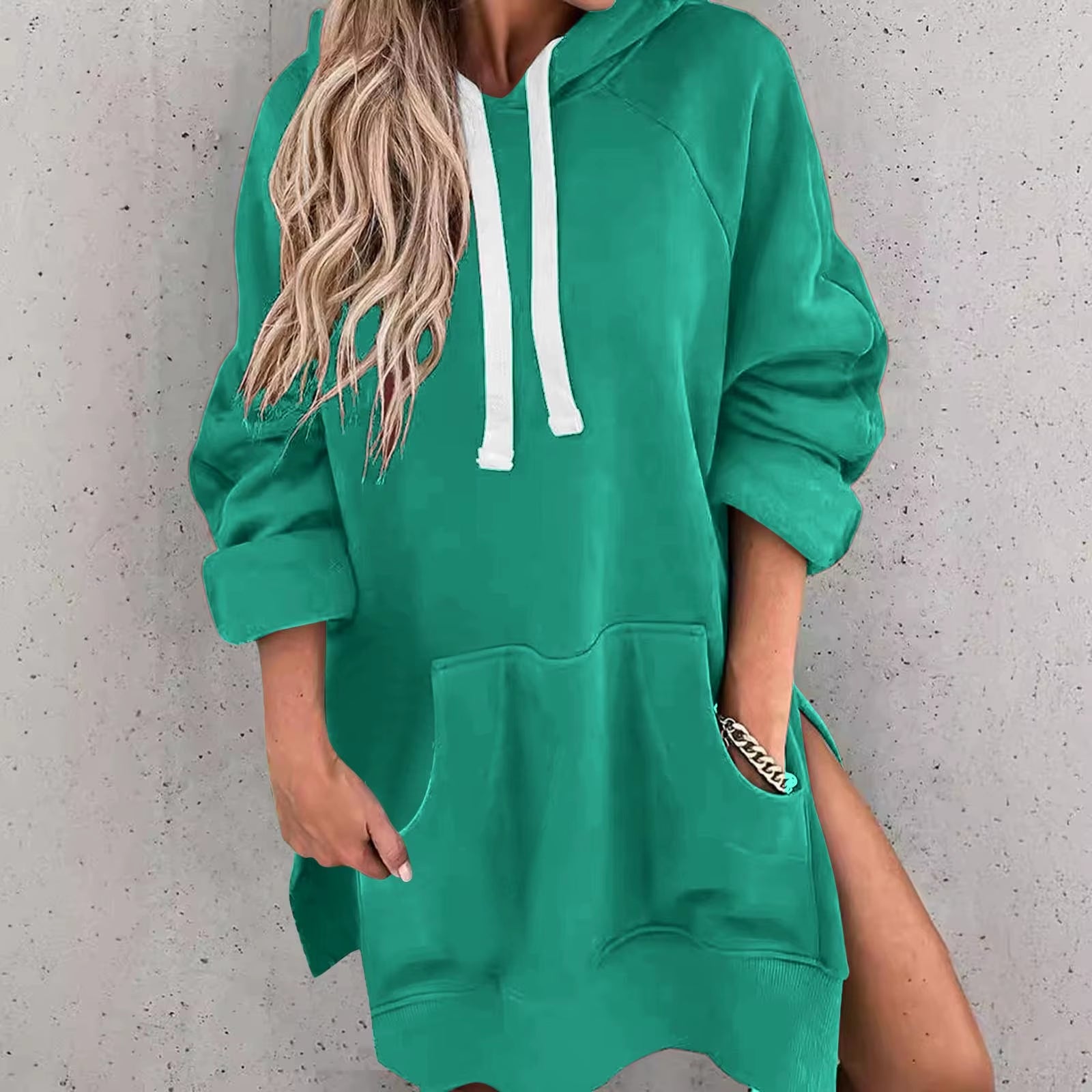 Fashion Trend Ladies Solid Color Loose Casual Pullover Sweatshirt Long Sleeve Split Hem Hoodie Dress with Pocket Chamarras Dama