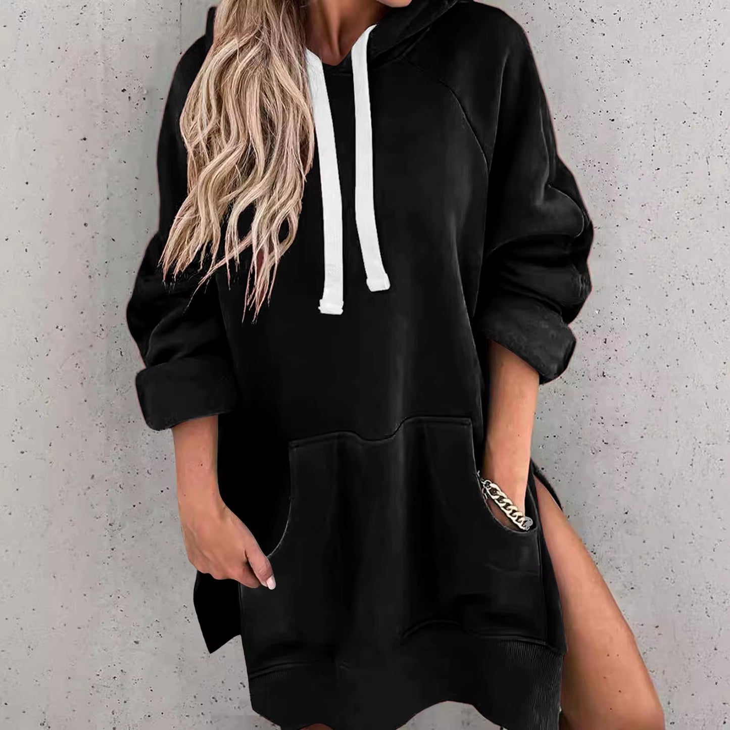 Fashion Trend Ladies Solid Color Loose Casual Pullover Sweatshirt Long Sleeve Split Hem Hoodie Dress with Pocket Chamarras Dama