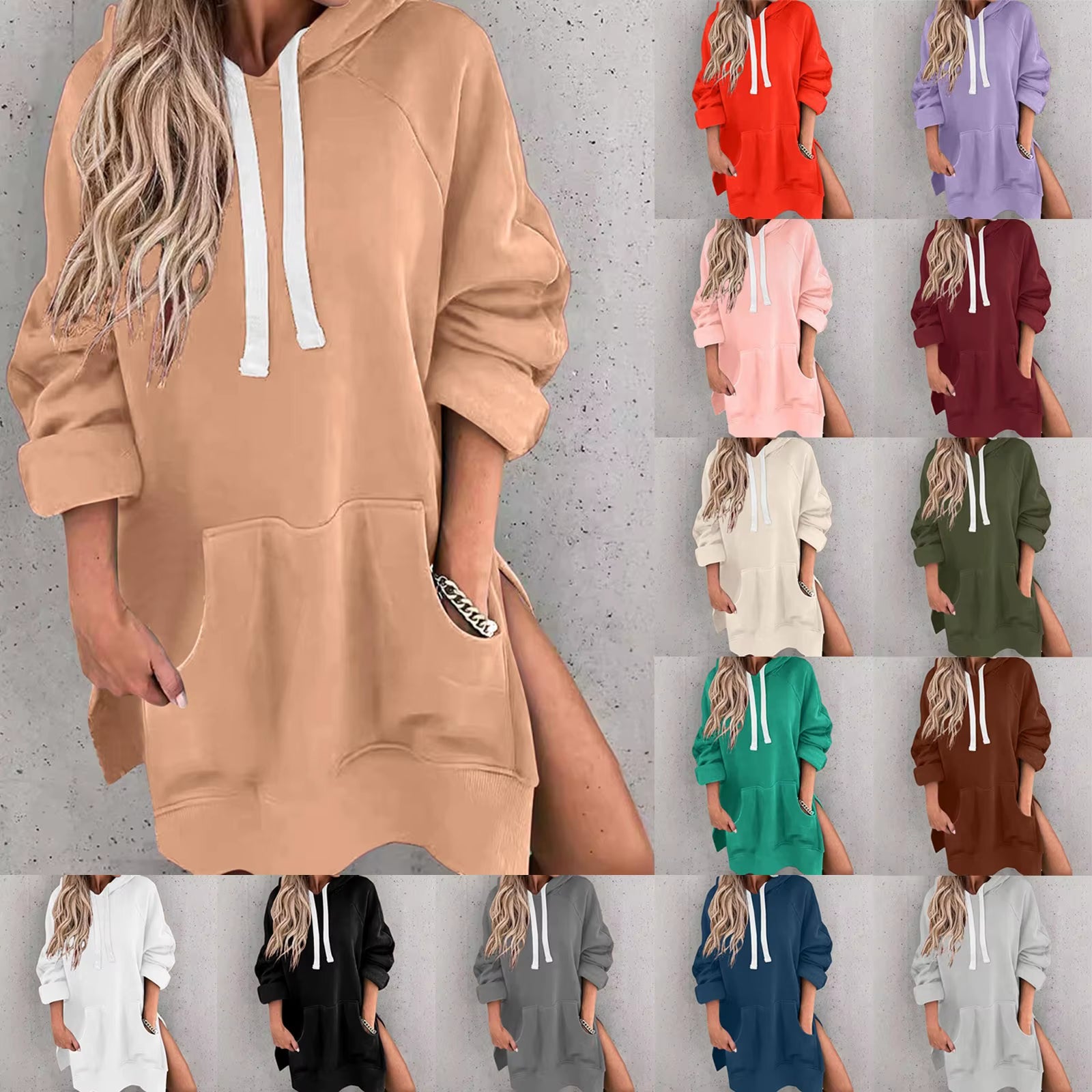 Fashion Trend Ladies Solid Color Loose Casual Pullover Sweatshirt Long Sleeve Split Hem Hoodie Dress with Pocket Chamarras Dama