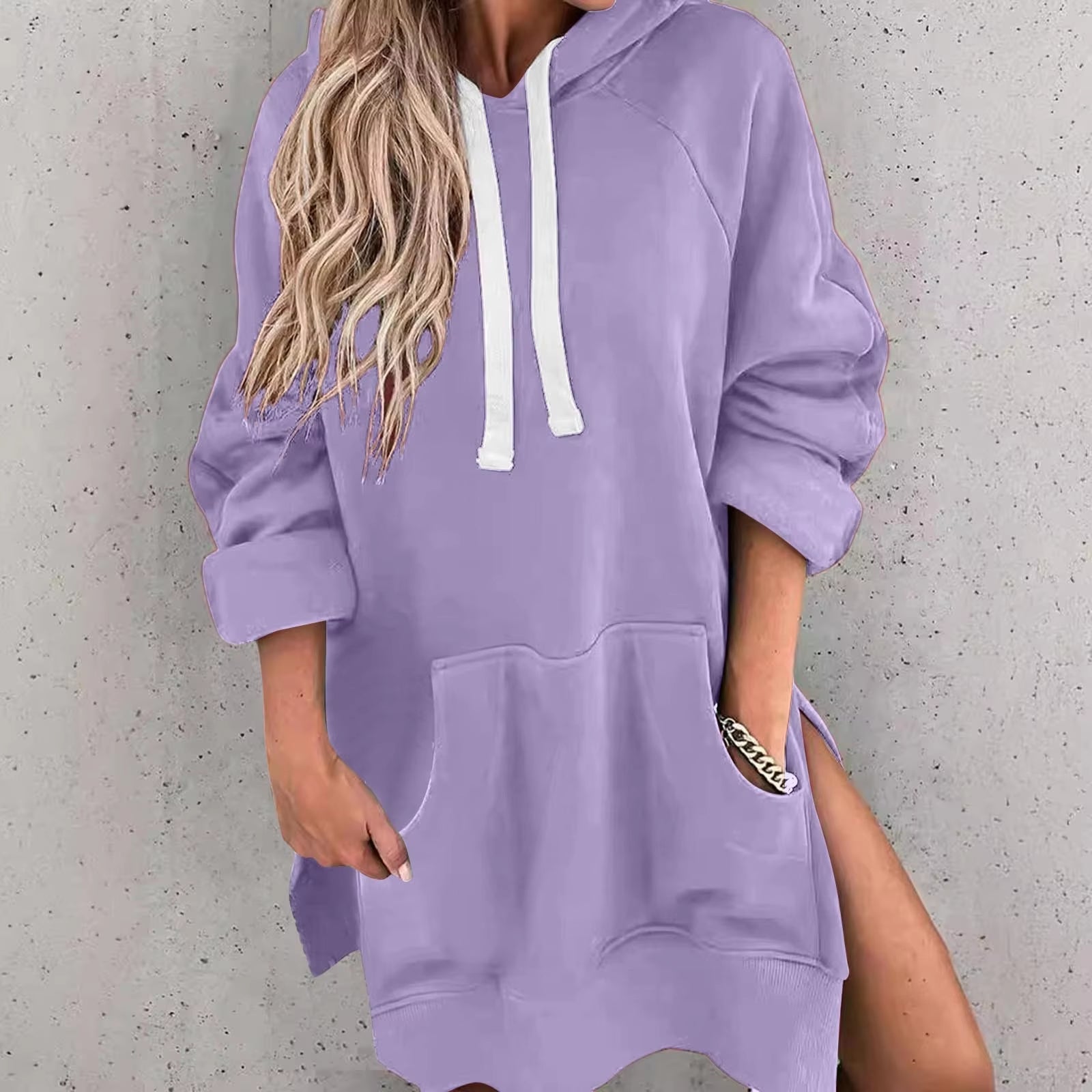 Women'S Casual Pullover Sweatshirt Long Sleeve Split Hem Hoodie Dress with Pocket Loose Casual Sportswear Sweatshirt for Women