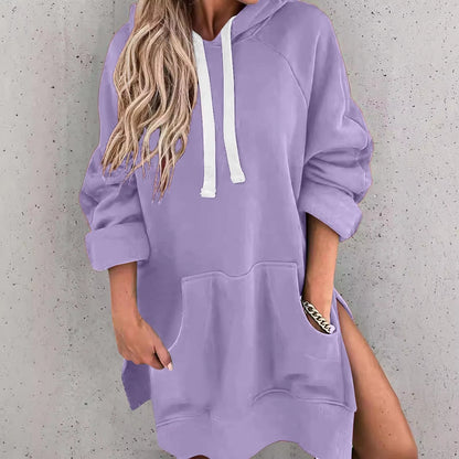 Women'S Casual Pullover Sweatshirt Long Sleeve Split Hem Hoodie Dress with Pocket Loose Casual Sportswear Sweatshirt for Women