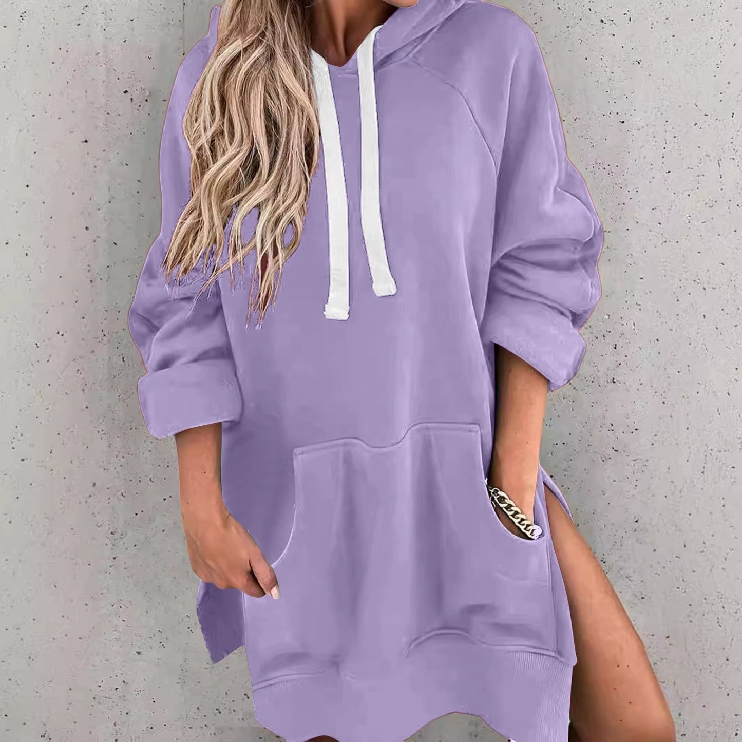 Fashion Trend Ladies Solid Color Loose Casual Pullover Sweatshirt Long Sleeve Split Hem Hoodie Dress with Pocket Chamarras Dama