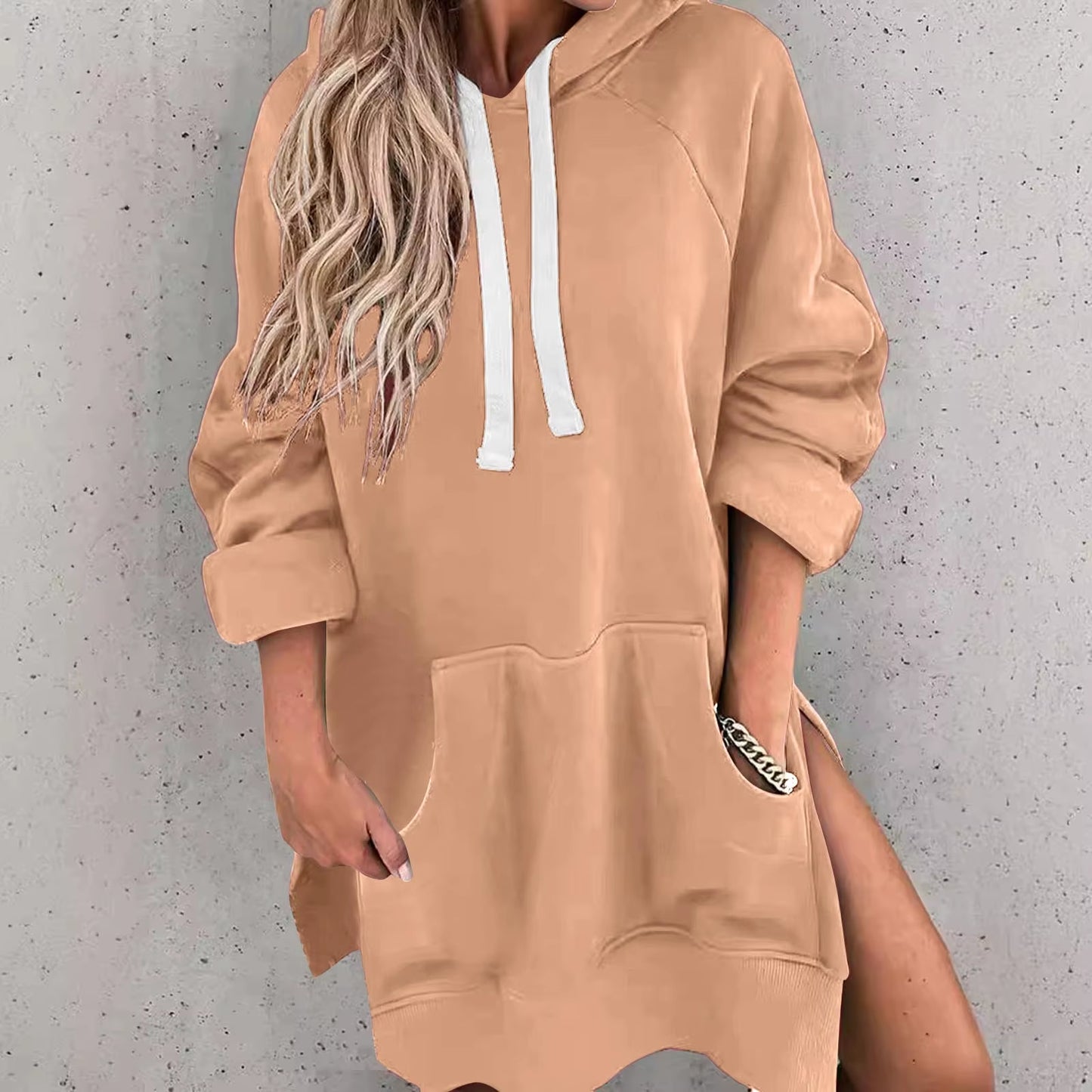 Fashion Trend Ladies Solid Color Loose Casual Pullover Sweatshirt Long Sleeve Split Hem Hoodie Dress with Pocket Chamarras Dama