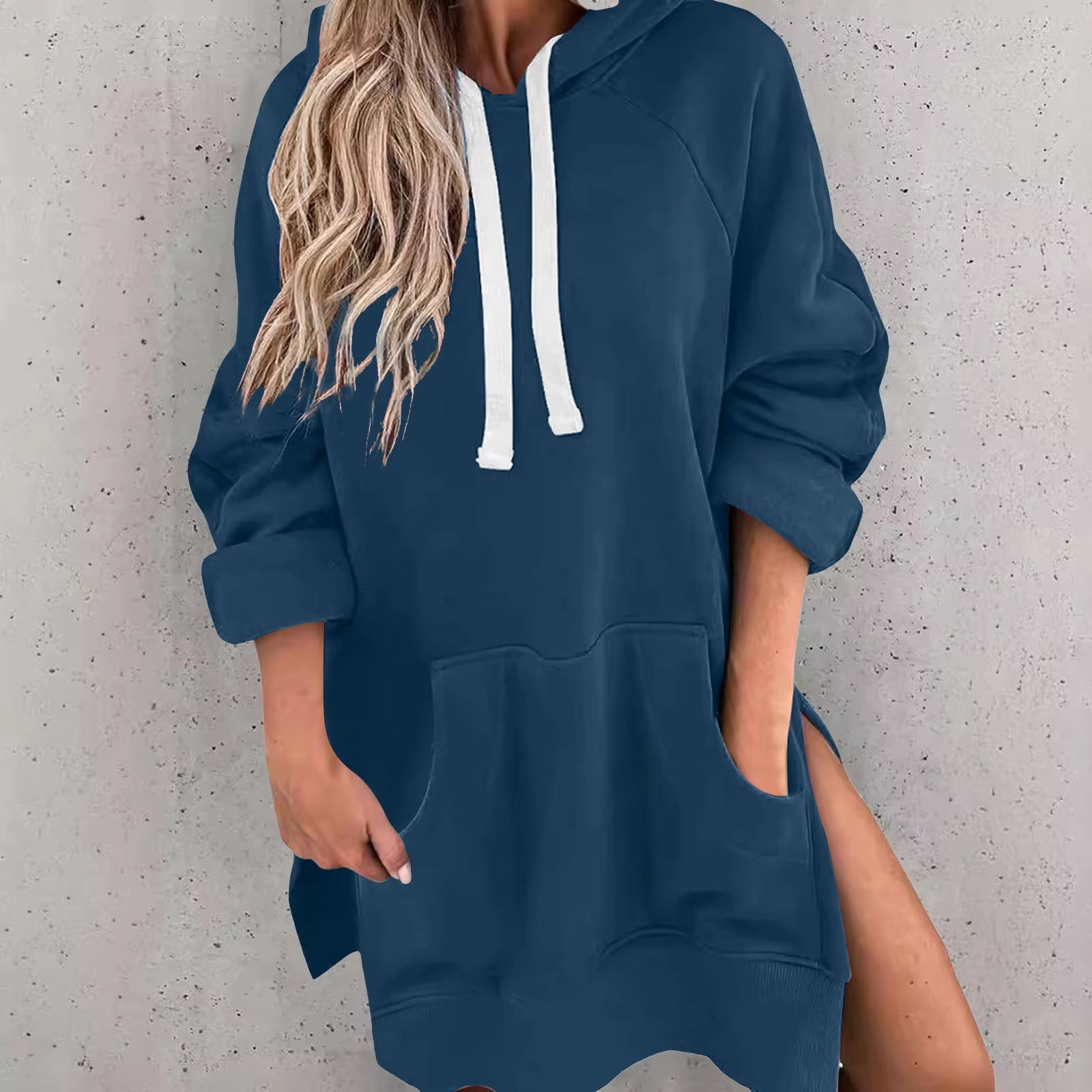 Fashion Trend Ladies Solid Color Loose Casual Pullover Sweatshirt Long Sleeve Split Hem Hoodie Dress with Pocket Chamarras Dama