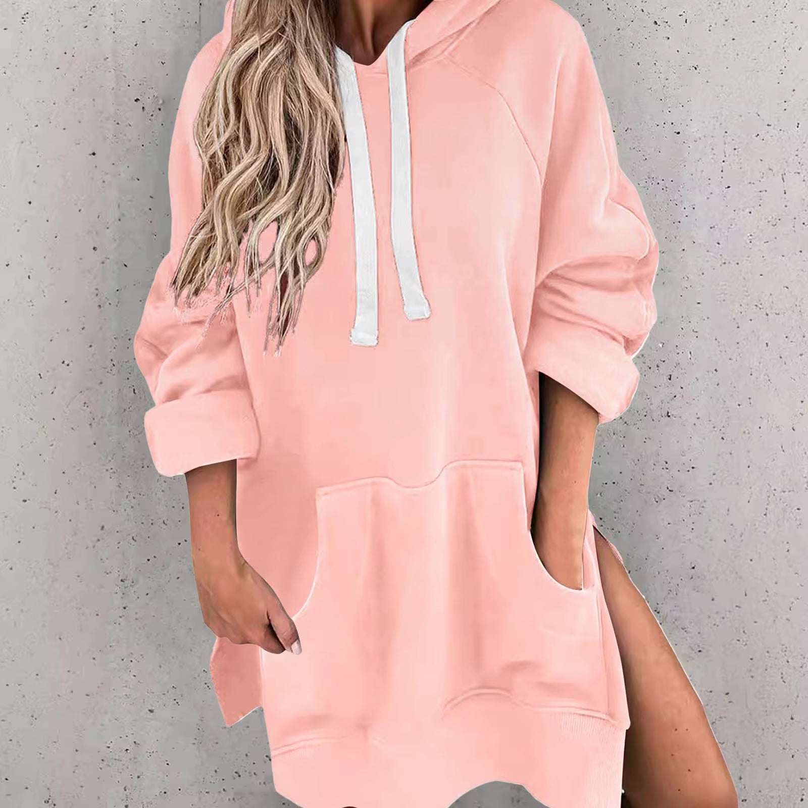 Fashion Trend Ladies Solid Color Loose Casual Pullover Sweatshirt Long Sleeve Split Hem Hoodie Dress with Pocket Chamarras Dama