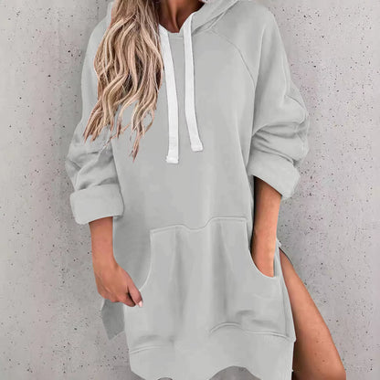 Fashion Trend Ladies Solid Color Loose Casual Pullover Sweatshirt Long Sleeve Split Hem Hoodie Dress with Pocket Chamarras Dama