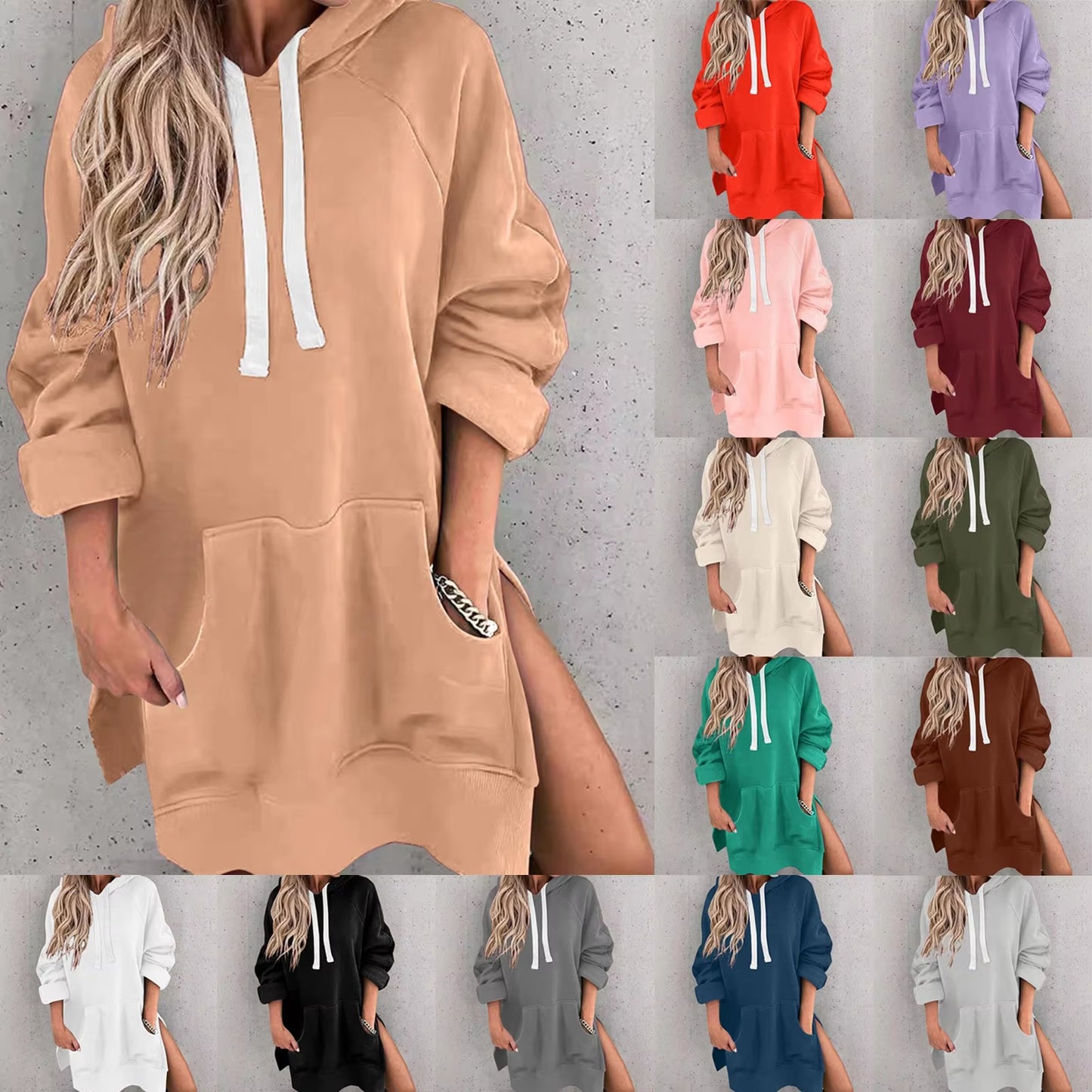 Women'S Casual Pullover Sweatshirt Long Sleeve Split Hem Hoodie Dress with Pocket Loose Casual Sportswear Sweatshirt for Women